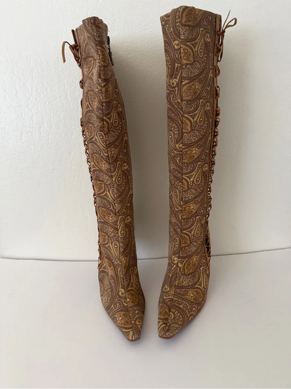 Suzanne Somers paisley tapestry knee-high boots